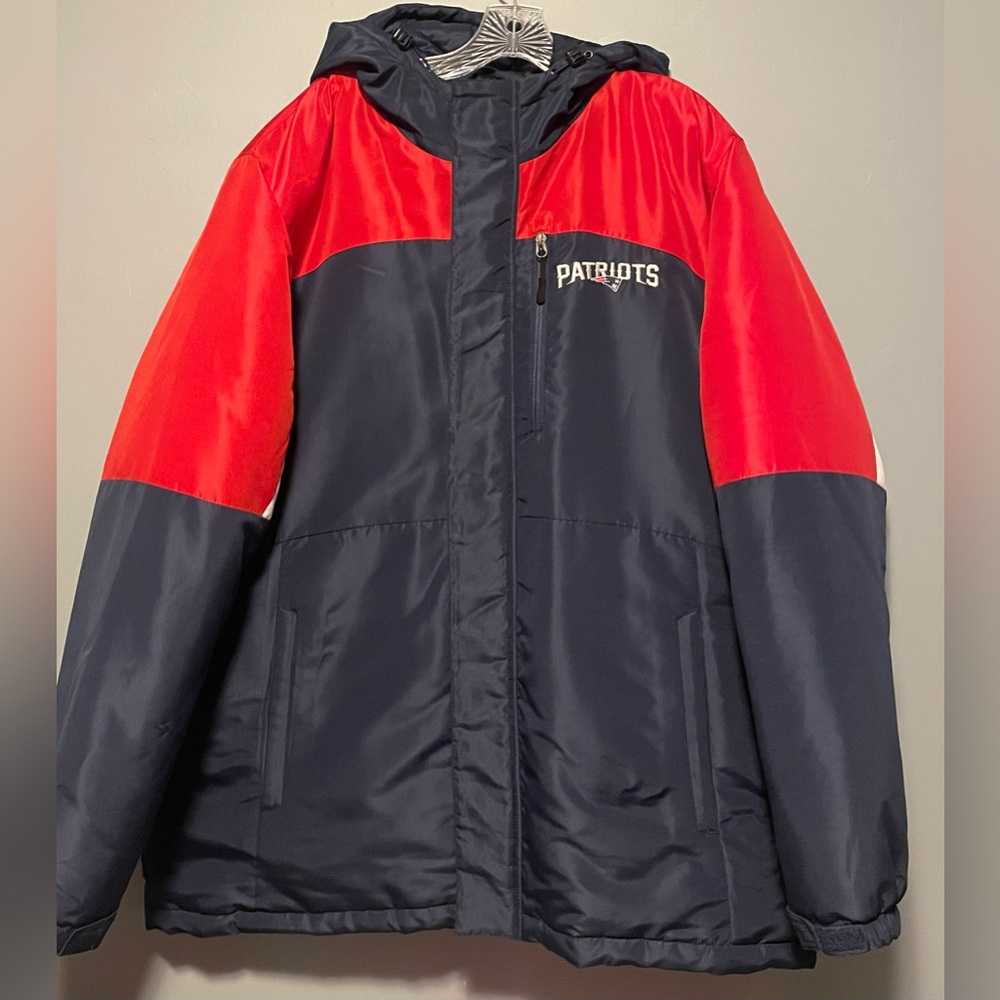 NFL Patriots Red and Navy Hooded Puffer Coat